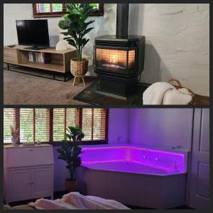a bathroom with a purple bath tub and a stove at Daylesford - FROG HOLLOW ESTATE - One Bedroom Retreat Villa - book for 3 nights pay for 2 - contact us for more details in Daylesford