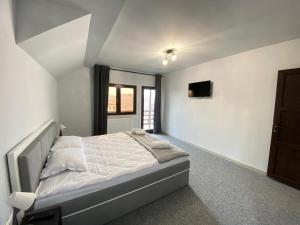 ein Schlafzimmer mit einem Bett und einem TV an der Wand in der Unterkunft Casa Polen Comarnic in Comarnic