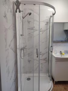 W łazience znajduje się prysznic ze szklanymi drzwiami. w obiekcie Mieszkanie z ogrodem w Gdańsku