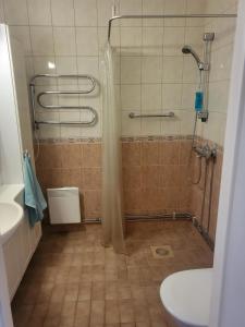 La salle de bains est pourvue d'une douche, d'un lavabo et de toilettes. dans l'établissement 2 floor apartment with 3 bedrooms, 6 beds, à Närpiö