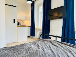 sypialnia z łóżkiem z niebieskimi zasłonami i telewizorem w obiekcie Apartamenty Maj Sokołowsko w mieście Sokołowsko