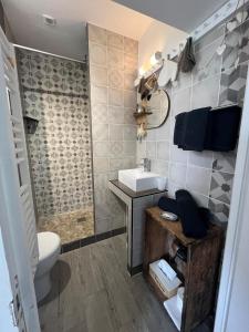 uma casa de banho com um WC, um lavatório e um chuveiro em La petite maison em Gasny