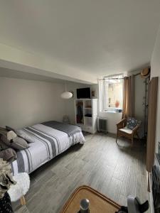 um quarto com uma cama e uma cadeira em La petite maison em Gasny