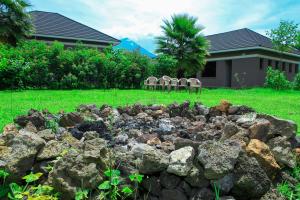 a rock garden in front of a house at Lake Chahafi Resort in Kisoro