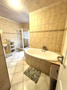a large bathroom with a tub and a shower at Skilpadtepel in Hentiesbaai
