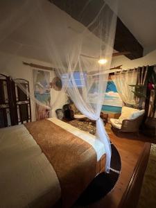 - une chambre avec un lit avec des rideaux et une fenêtre dans l'établissement La Casa d'Ailleurs BERRY SEJOURS, à Châteauroux