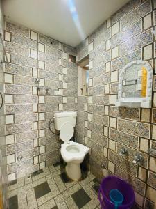 a bathroom with a toilet and a tiled wall at Pall Residency in Srinagar