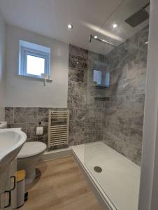 a bathroom with a shower and a sink and a toilet at Studio flat in York in York