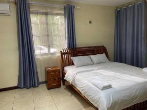a bedroom with a bed and a window with blue curtains at Beautiful 4 bedroom house in Masaki with parking in Dar es Salaam