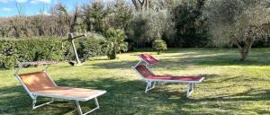 two chairs sitting in the grass in a yard at Appartamenti Pian d'Alma in Punta Ala