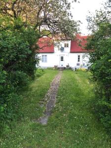 una casa blanca con techo rojo en el césped en Martebo Bed & Breakfast, en Tingstäde