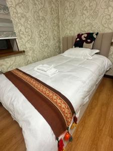 Tempat tidur dalam kamar di 阿拉木图陶萨马勒民宿