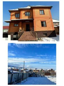 dos fotos de una casa de ladrillo en la nieve en 阿拉木图陶萨马勒民宿, en Almaty
