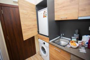 a small kitchen with a sink and a washing machine at Astonishing Studios in Veliko Turnovo in Veliko Tŭrnovo