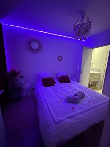a purple bedroom with a large bed with purple lighting at PrivateSpa Love Room Jacuzzi Privatif in Toulouse