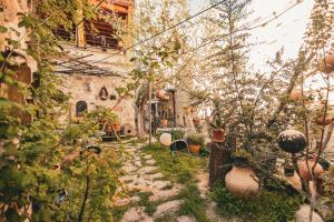 a garden with plants and vases in front of a building at Vintage Cave House Hotel in Göreme
