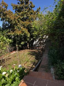un jardin avec des arbres et une passerelle en briques dans l'établissement Loft Rural, à Barcelone