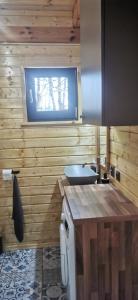 a bathroom with a sink and a tv on the wall at Nowy dom całoroczny nad jeziorem wielkie parteczyny in Kurzętnik