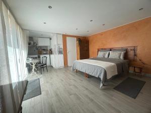 a bedroom with a bed and a table in it at Moulin - Studio charmant avec terrasse - 3 étoiles in Dieulefit