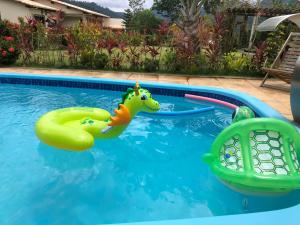 a pool with two toy inflatable animals in the water at Casa nas montanhas com piscina e vista panorâmica in Domingos Martins
