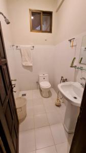 a white bathroom with a toilet and a sink at Shelton Hotel & Restaurant in Sarai