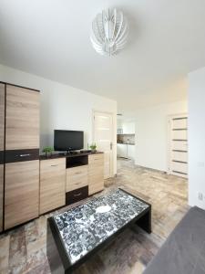 ein Wohnzimmer mit einem TV und einem Sofa in der Unterkunft Giedres Kalnieciu apartments in Kaunas