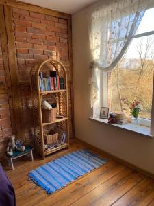 a living room with a book shelf and a blue rug at Stara Szkoła na Warmii in Mokiny