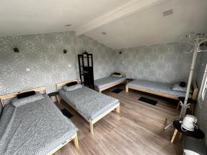 a room with three beds in a room at ILSA camping in Bauska