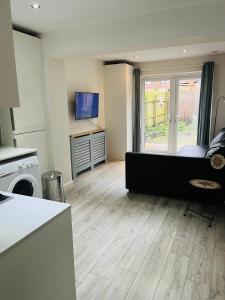 ein Wohnzimmer mit einem schwarzen Sofa und einem TV in der Unterkunft 2 bedroom flat with garden in London