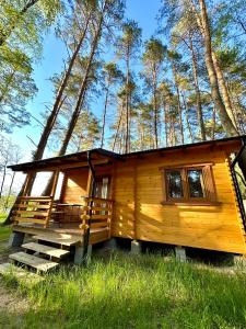Cabaña de madera en el bosque con porche y escaleras en Ośrodek Wypoczynkowy Jeziornik en Borzechowo