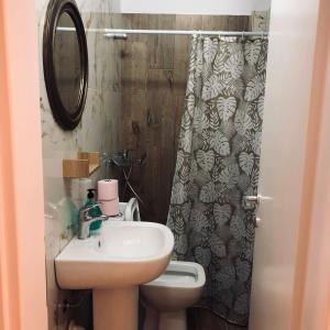 a bathroom with a sink and a shower curtain at Rezidenca SHOPI in Elbasan