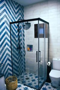 a bathroom with a glass shower with a toilet at Casa Rístori Calicanto in Manzanares