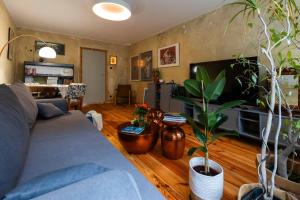 a living room with a couch and a tv at Reszel Art House in Reszel