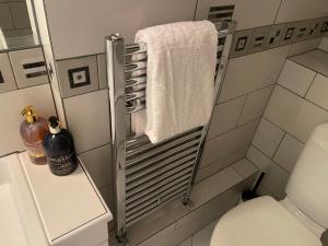 a bathroom with a towel rack next to a toilet at Nice and Cosy Apartment with station pick up in Surbiton