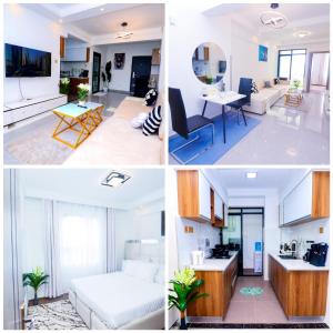 a collage of four pictures of a living room and a kitchen at DANMIC HOMES AND BNB in Mombasa