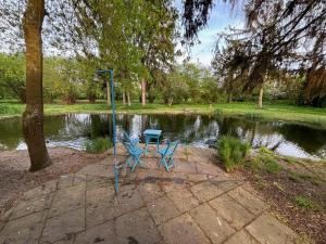 a blue bench sitting in front of a pond at Datscha am See in Worms