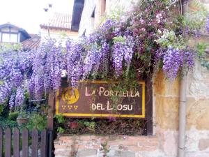 Une bande de fleurs violettes sur le côté d'un bâtiment dans l'établissement La Portiella del Llosu, à Pandiello