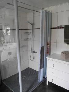 uma casa de banho com um chuveiro e um lavatório. em Eva's Home em Müllenbach