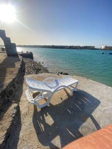un banc blanc assis sur la plage près de l'eau dans l'établissement فيلا بمسبح خاص و شاطئ رملي في درة العروس, à Durat Alarous