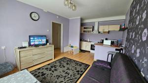 uma sala de estar com um sofá e uma cozinha em Smile Appartment em Tartu