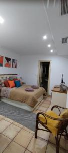 Un dormitorio con una cama, un escritorio y una silla. en Apartamento CAMPA, en Santa Pola