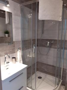 a bathroom with a shower and a sink at Villa Spokojna 26 in Mielno +40 photos