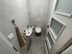 Apartmán NAVIA obklopený prírodou a spa في رايتسكي تيبليتسه: حمام صغير مع مرحاض ومغسلة