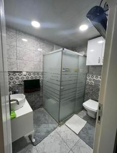 La salle de bains est pourvue d'une douche, d'un lavabo et de toilettes. dans l'établissement Dublex havuzlu villa, à Erdemli