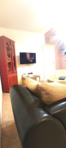 a living room with a couch and a tv at Casetta GGG in SantʼEufemia Lamezia