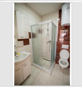y baño con ducha, aseo y lavamanos. en The View Apartments, en Ilijaš