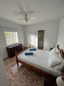 - une chambre avec un lit doté d'oreillers bleus dans l'établissement Casa del Barco with pool and stunning views, à Guaro