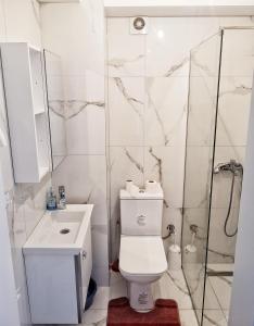 uma casa de banho branca com um WC e um chuveiro em Sunrise Apartment Struga em Struga