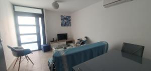 ein Wohnzimmer mit einem blauen Sofa und einem Fenster in der Unterkunft Tropical Love in L'Étang-Salé-les-Bains