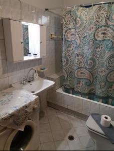 La salle de bains est pourvue d'un lavabo et d'un rideau de douche. dans l'établissement Georgaras Accommodation, à Platanoússa